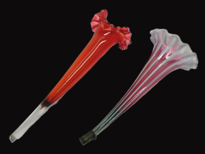Lot 205 - 2 x Victorian Glass Epergne Trumpet Vases - Ruby with fluted crimped r