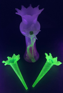 Lot 207 - 3 pces AF Victorian Uranium glass inc Pink & Opaque vase with crow