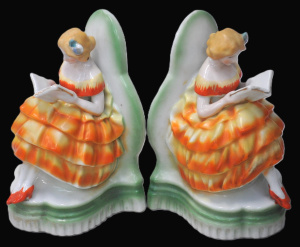 Lot 208 - Art Deco Japanese Ceramic Crinoline Lady Bookends - Weighted bases 16c