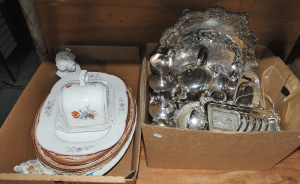 2 x Boxes Ceramics & EPNS inc Meat Platters, Lidded Cheese dish, Bust figure