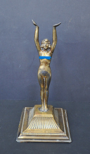 Art Deco Style Brass Female Nude hands held high on Square base 26cm H