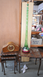 Lot 008 - Grp - nest three side tables, mantle clock & very tall green glass