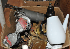 Lot 013 - Mixed Box lot inc Vintage Roller skates, Enamel coffee percolator, Sod