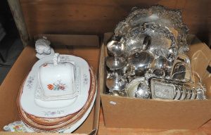 Lot 017 - 2 x Boxes Ceramics & EPNS inc Meat Platters, Lidded Cheese dish, B