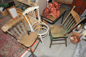 Lot 036 - Vintage af group inc 3 x embossed spindle back chairs, terracotta roof