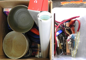 Lot 041 - 2 x Boxes Mixed inc 2 x Signed Arbour Pottery Bowls, Tools - Drill bit