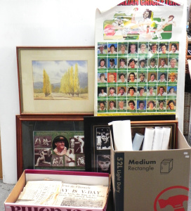 Lot 043 - Group lot 2 x boxes + Cricket Posters, old WW2 Headline Newspapers, fr