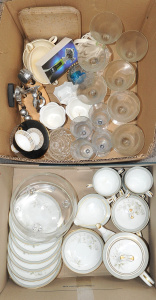 Lot 046 - 2 x Boxes Mixed inc Martini glass stemware, Noritake Teaset, Barware,