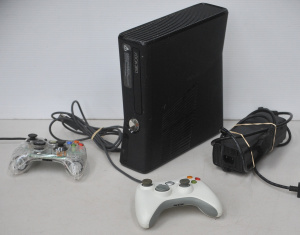 Lot 061 - Retro XBOX 360 Slim console w power brick and cord, 2 x 3rd party wire