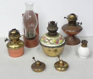 Lot 068 - Group of vintage oil lamp bases inc hobnail milk glass, enamelled w br