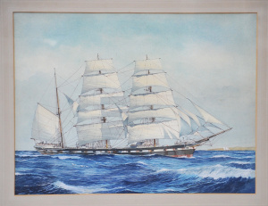 Lot 088 - Ron Marshall (1938 - ) Large framed Maritime Watercolour of a Clipper