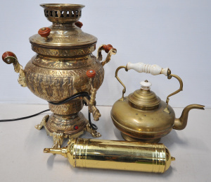 Lot 103 - 3 pces Vintage Brass items inc Electric Brass Samovar 42cm H , Pyrene