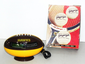 Lot 108 - 2 pieces - Hawthorn - Hawks Novelty football shaped Clock Radio &