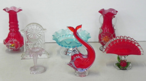 Lot 133 - Group lot of Coloured Glass inc Murano Red Glass Dolphin (Chip to tail