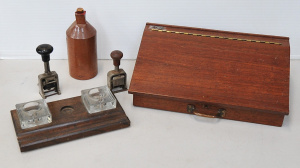 Lot 160 - Group lot - Writing items - old Lockable portable Writing Slope w key,