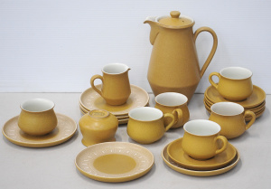 Lot 174 - 1960+ Denby Ode pottery coffee set - Coffee pot, creamer, basin &