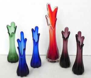 Lot 178 - Group vintage Coloured Glass Finger Vases Red & Clear, Green, Pair