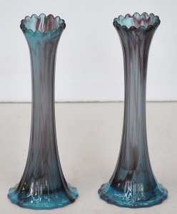 Lot 205 - Pair vintage c1900 1920s Blue & Amethyst Cloud Glass vases - flute