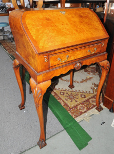 Lot 005 - Victorian style Burr Walnut veneer Writing Bureau on Cabriole legs - D