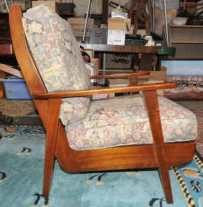 Lot 008 - Vintage MCM Lowline Armchair - Dark stained hardwood frame w shaped Ar