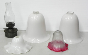 Lot 026 - Group of vintage glass lampshades inc large white pair, acid etched ru