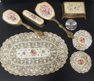 Lot 032 - Group lot Vintage Ladies Dressing table items inc 3 pces Finely embroi
