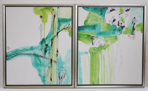 Lot 036 - Artist Unknown - Pair Modernist Oriental Oil & Watercolour Paintin
