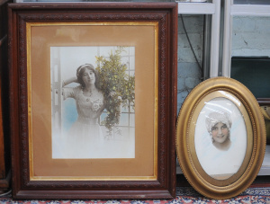 Lot 037 - 2 x framed hand coloured Edwardian portrait photographs inc carved fra