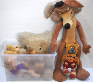 Lot 042 - Box lot + - Vintage Kids Soft Toys - Large Wile E Coyote, Poodle AM Ra