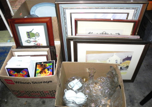 Lot 044 - Large mixed lot of 4 boxes + framed pictures inc oil on canvas still l