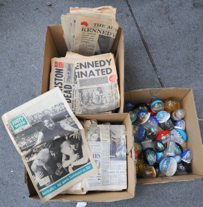 Lot 052 - 3 x Boxes of Vintage Newspaper Headlines & Snow Globes incl Kenned