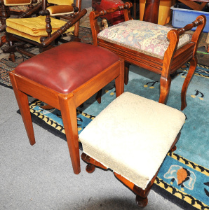 Lot 064 - 3 x Vintage Stools - Piano Stool w Lift up Lid & Turned Wooden Arm