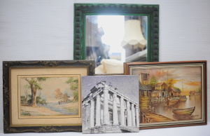 Lot 065 - Unusual green framed mirror with geometric pattern (68cm H) + 2 framed