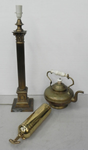 Lot 071 - 3 pieces of vintage brass inc Pyrene automotive fire extinguisher, flu