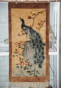 Lot 077 - Large vintage Plush fringed Wall Hang featuring a Peacock - label affi