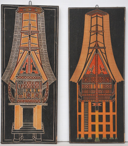 Lot 107 - 2 x Indonesian carved wood art panels depicting traditional Tongkonan