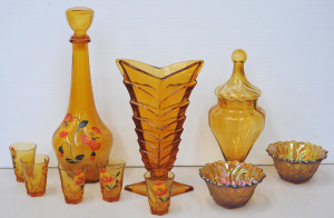 Lot 135 - Group lot of vintage Amber glass inc Carnival Glass single candlestick