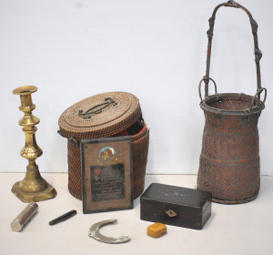 Lot 136 - Mixed vintage lot inc Oriental wicker baskets (taller 47cm H), brass c