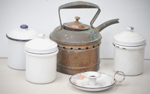 Lot 139 - Vintage ACME branded copper gas kettle (25cm W) + vintage enamel ware
