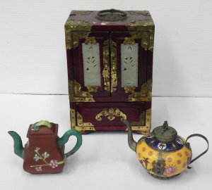 Lot 140 - 3 pces Oriental inc Wooden jewellery cabinet with brass mounts & j