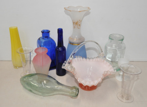 Lot 160 - Group lot glass inc Victorian Blue & White vase & Yellow case,