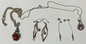 Lot 172 - Grp silver jewellery - amber & amethyst pendants with chains &
