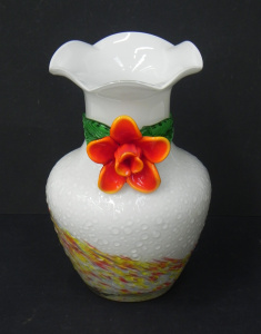 Lot 184 - Hand blown white Art Glass vase with applied red orange flower on neck