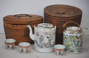 Lot 195 - 2 x vintage Chinese teapots in insulated wicker baskets, 1 w matching