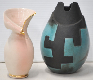 Lot 197 - 2 pces signed Pottery inc Australian Michel Boulay Pink Vase with roll