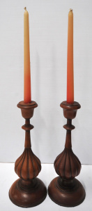 Lot 198 - Pair vintage Carved & Turned wooden candlesticks - Onion shaped c