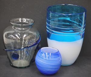 Lot 205 - 3 x Glass Vases inc Aqua with contrast white slip trailing and white l