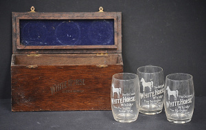 Lot 206 - Set of 3 vintage White Horse Scotch Whisky enamelled glasses in oak bo