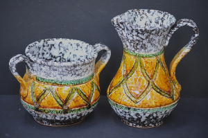 Lot 215 - 2 pces Mid Century Italian Erica Pottery Jug & Handled Jardiniere