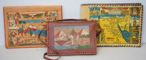3 pces Vintage Egyptian Embossed Leather goods inc Ladies Handbag, Compendium an